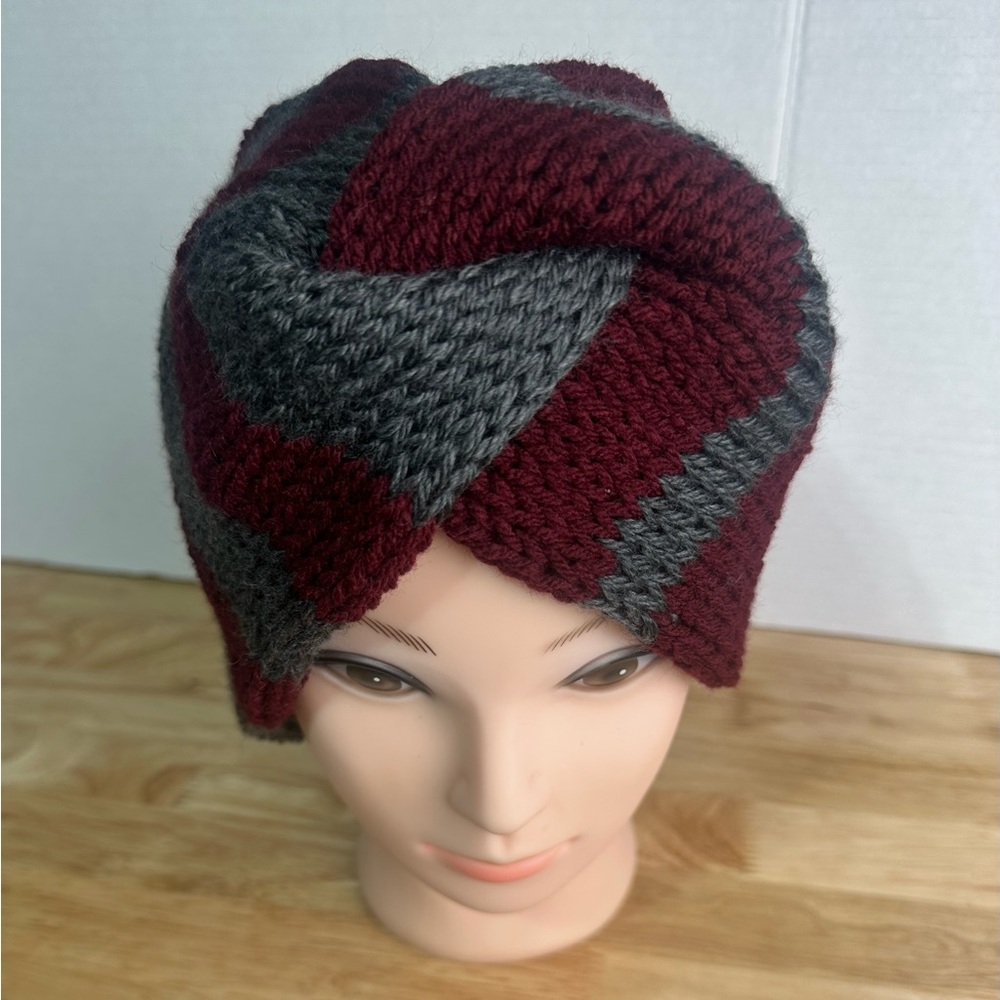 Handmade Gray and Maroon Knitted Earwarmer